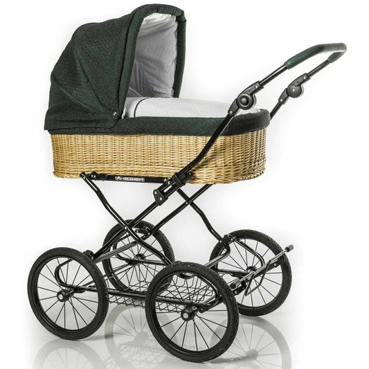  HESBA ClassicKorb Kinderwagen Außen 685 Innen 180 Black Edition - Räder Schwarz 30 Cm, Ledergriff Dunkelgrün